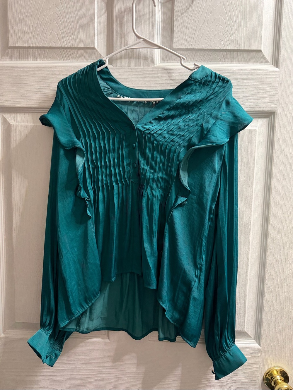 Womens Teal Pleated Ruffle Button-Front Blouse